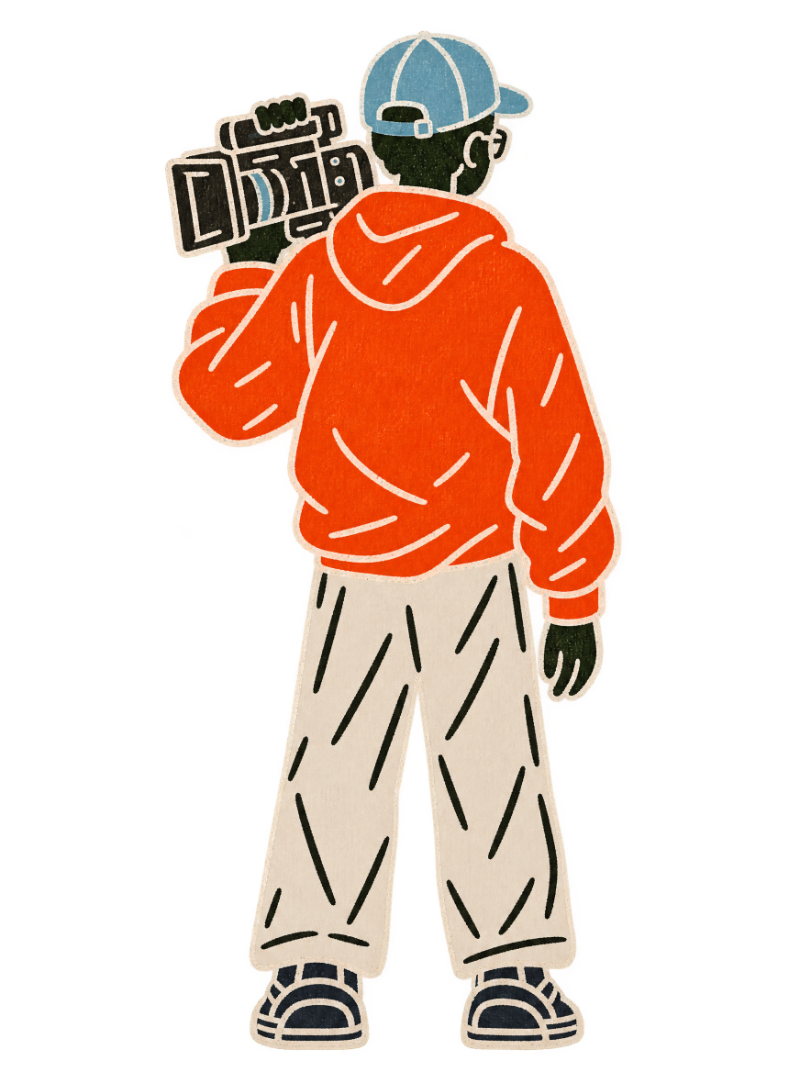 Illustration of Rajat from behind, camera on his shoulder