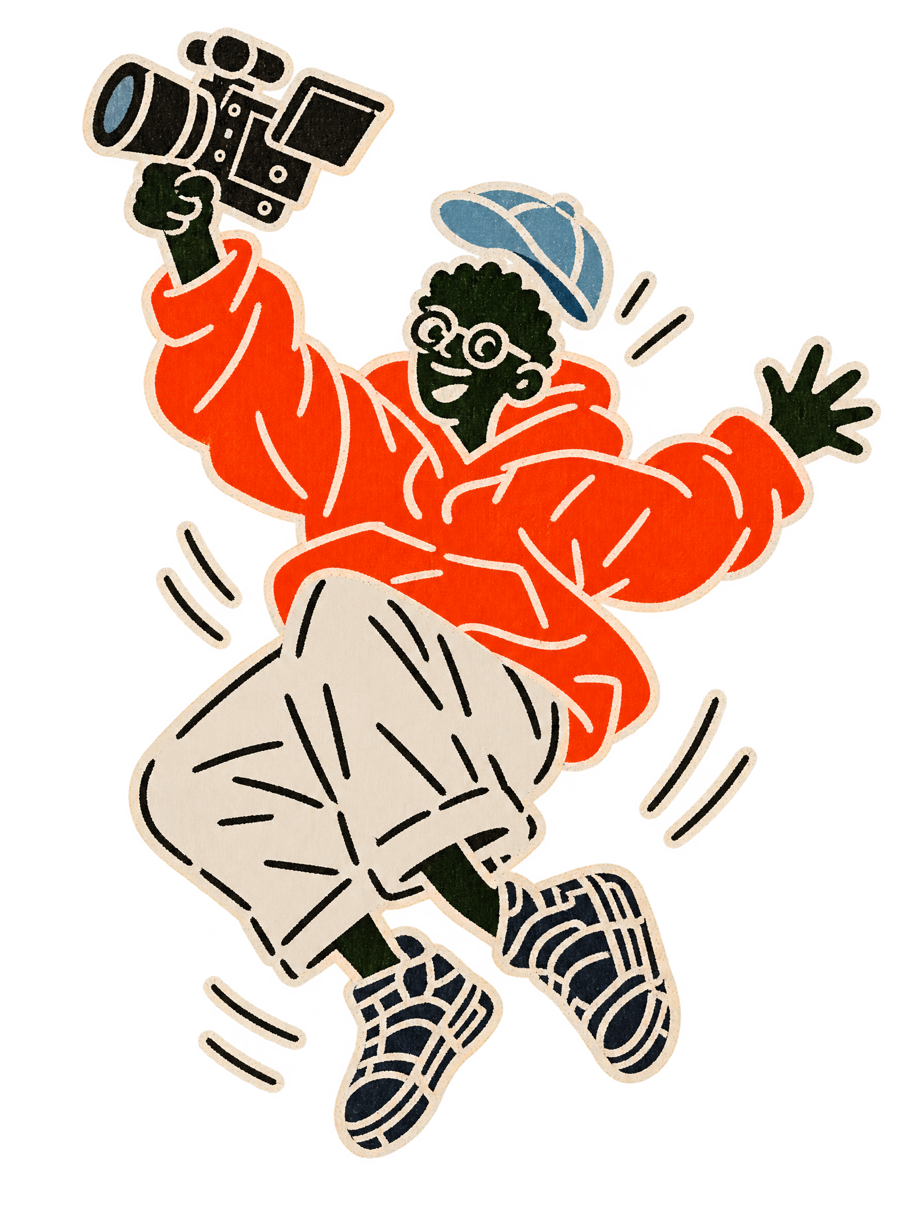 Illustration of Rajat checking the shot on his cinema camera